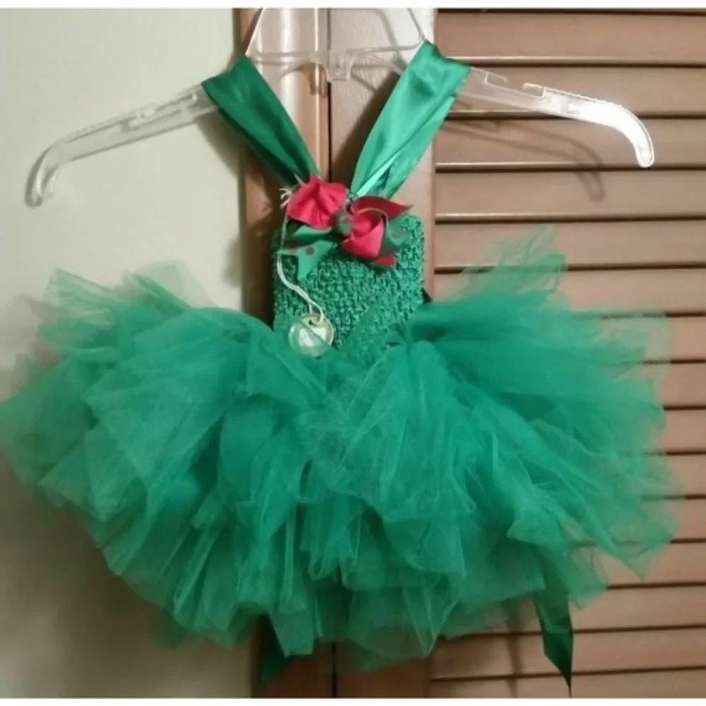 Christmas Netted GreenTuTu Dress Ribbon Hand Made